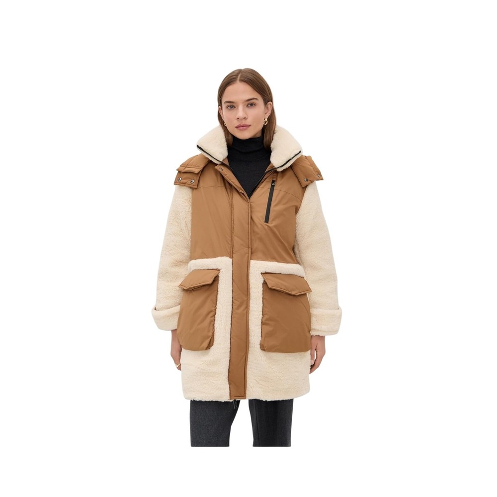 UGG W Kaysin Down Parka Chestnut Cream Mixed Media Shearling Coat 1171465 L - Picture 3 of 6